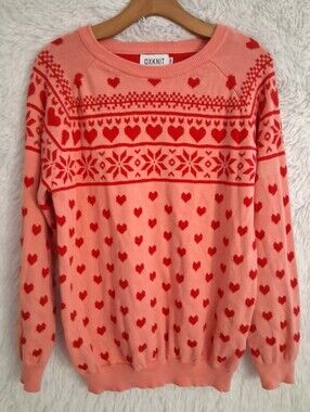Pink And Red Heart Print Oxknit Brand Sweater XL